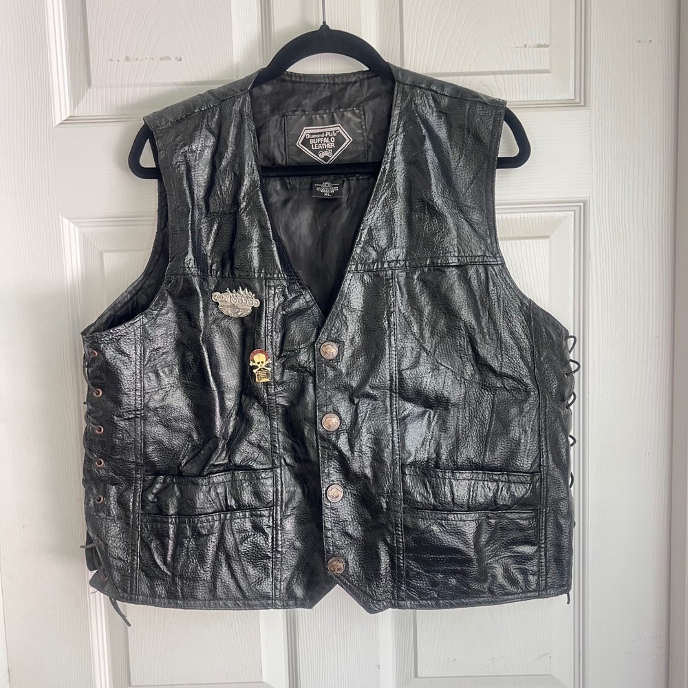 Diamond Plate Buffalo Leather Biker Vest Mens XL Eagle Patch Lace Up Black XL